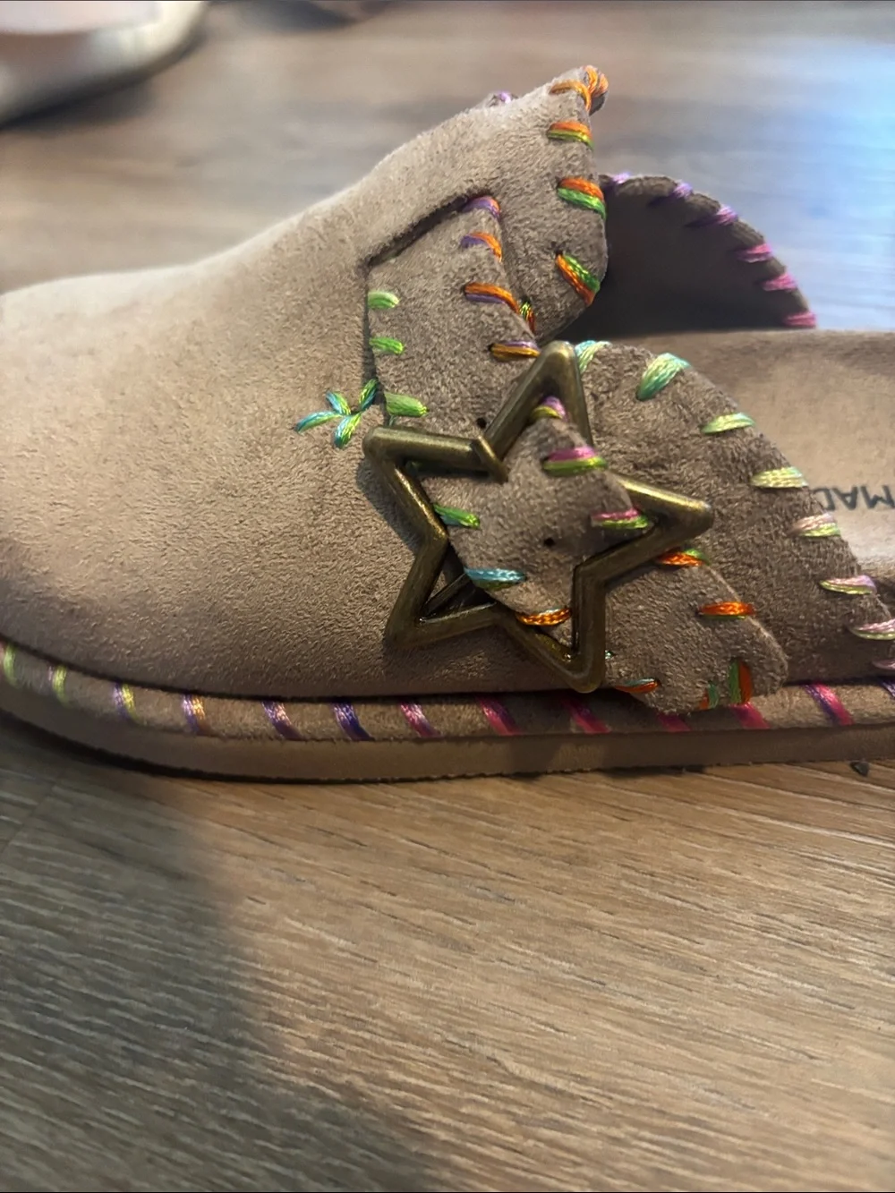 Steve Madden Kids Taupe Suede Slip-On Clogs with Multicolor Stitching